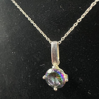 925 Sterling Silver Mystic Topaz Pendant Necklace 16” Round Cut Rainbow Crystal Solitaire