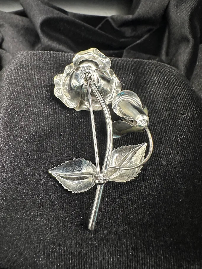 Silver Tone Rose Brooch | Vintage Dimensional Floral Stem Pin