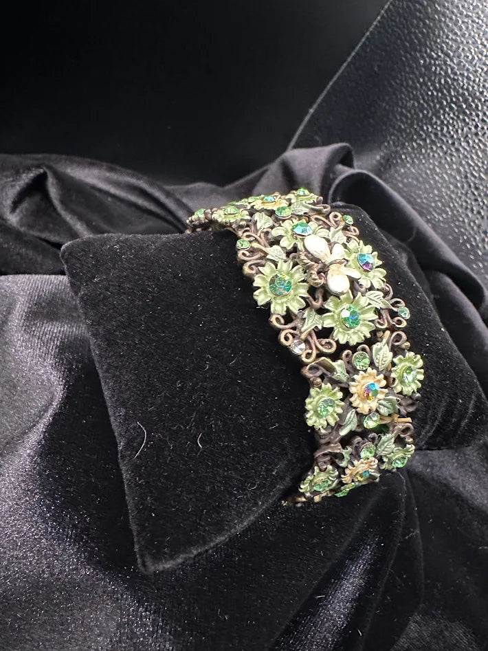 Vintage Floral Green Crystal Bracelet Antique Bronze Tone Wide Filigree Cuff Statement Garden Glam