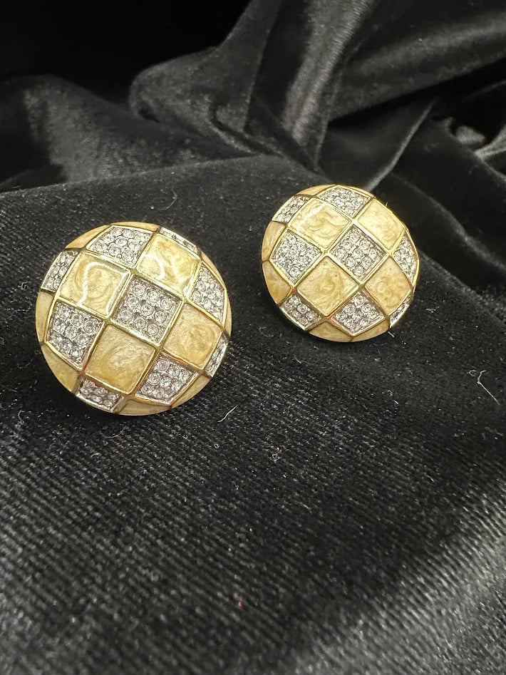 Swarovski SAL Crystal Clip Earrings Gold Tone Enamel Checkerboard Dome Vintage Signed