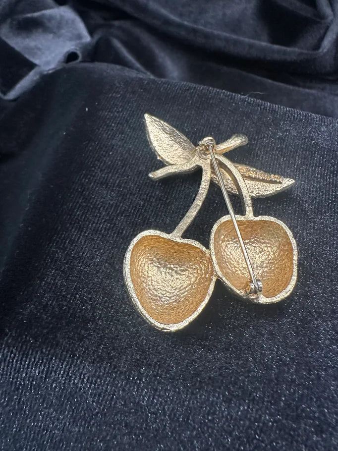 SARAH COVENTRY Gold Tone Cherry Brooch with Textured Fruit and Leaf Detail