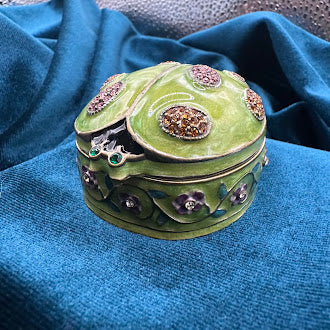 Green Ladybug Trinket Box with Floral Trim | Rhinestone Accent Enamel Figurine Box