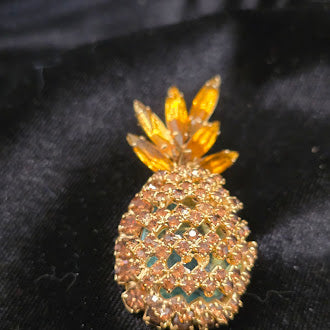 Signed Alice Caviness Gold Tone Pineapple Brooch with Topaz Rhinestone Leaves, Vintage Designer Statement Fruit Pin