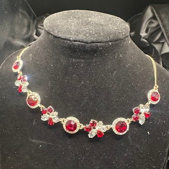 Givenchy Silver Tone Red Stone Statement Necklace with Clear Crystal Accents
