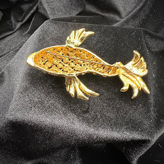 Gold Tone Jeweled Fish Brooch Crystal Lattice Body Green Eye Figural Pin