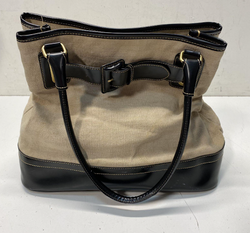 Maxx New York Canvas and Patent Trim Satchel Tote Bag Neutral Designer Shoulder Handbag