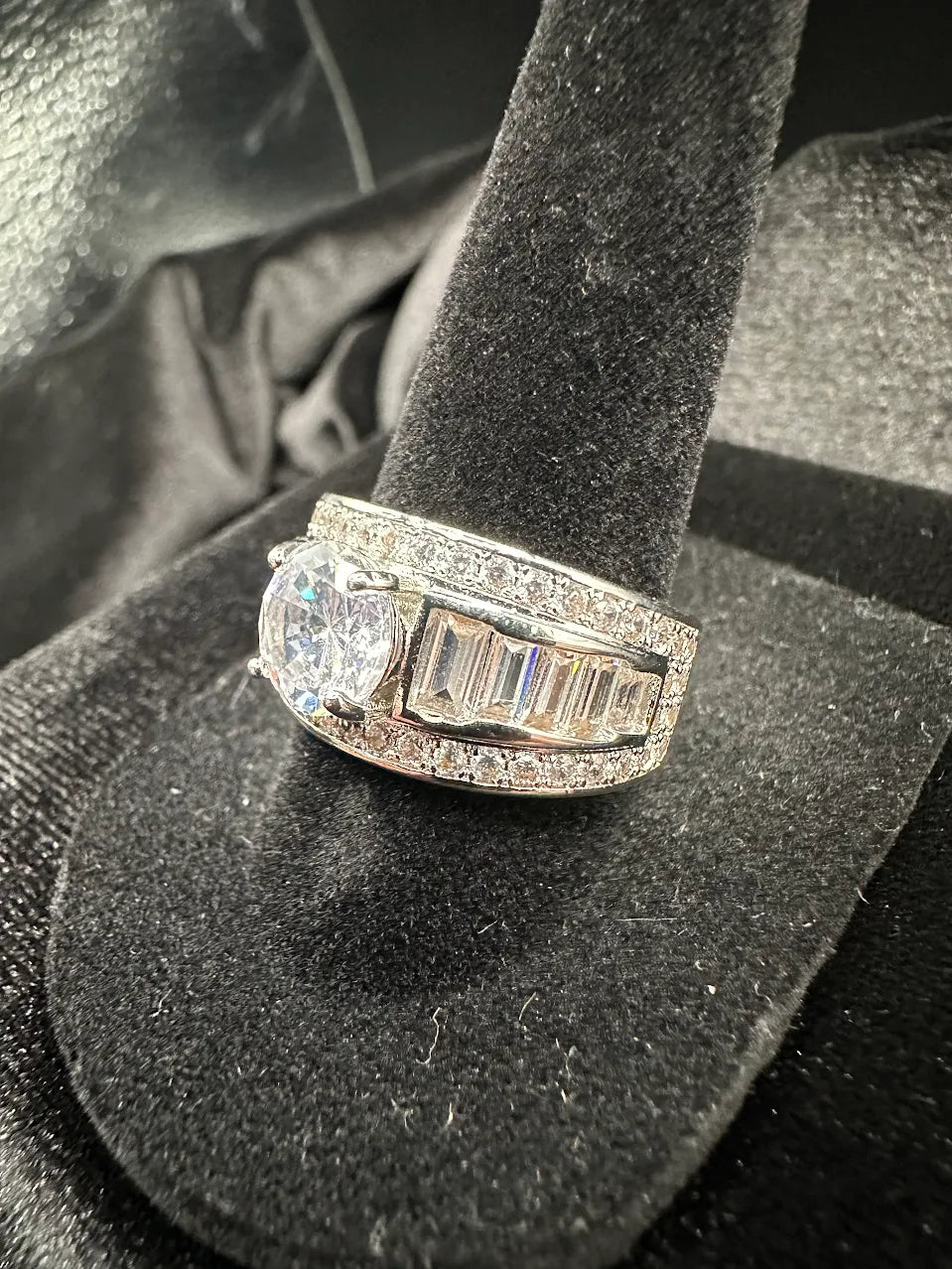 Silver Tone Clear Crystal Wide Band Ring Baguette Accent Statement Design