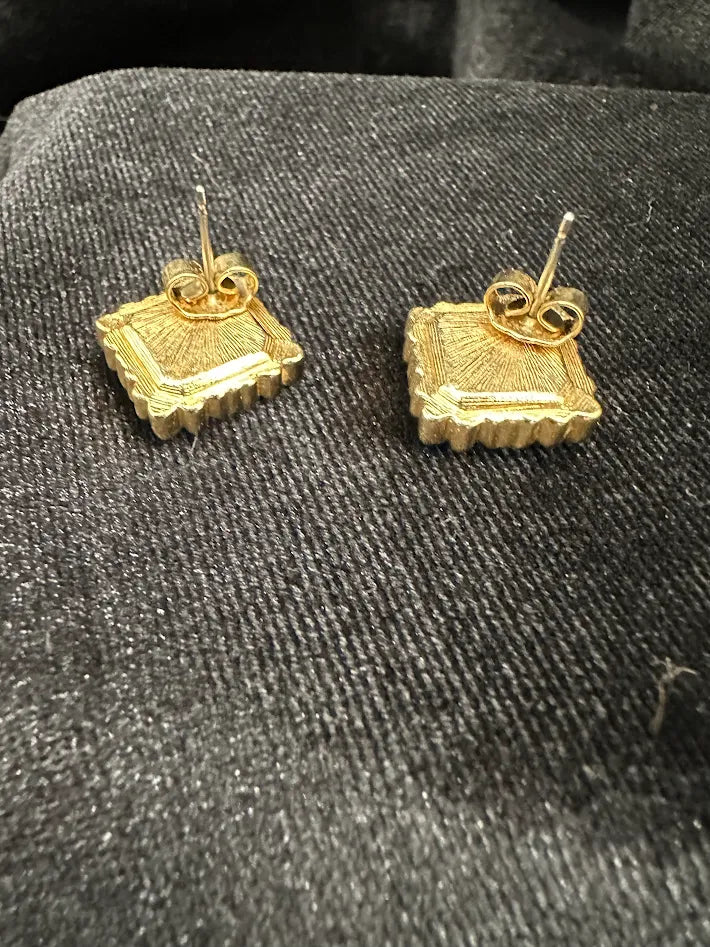 Gold Tone Green Crystal Stud Earrings Emerald Cut Rhinestone Textured Square Vintage Statement Jewelry