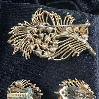 Lisner Gold Tone Rhinestone Floral Spray Brooch and Clip On Earrings Set Vintage Costume Jewelry