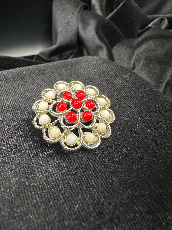Silver Tone Red and Cream Bead Flower Brooch | Vintage Floral Cluster Pin