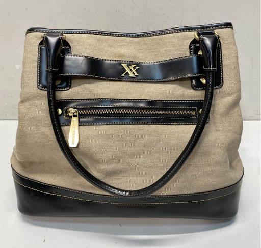 Maxx New York Canvas and Patent Trim Satchel Tote Bag Neutral Designer Shoulder Handbag