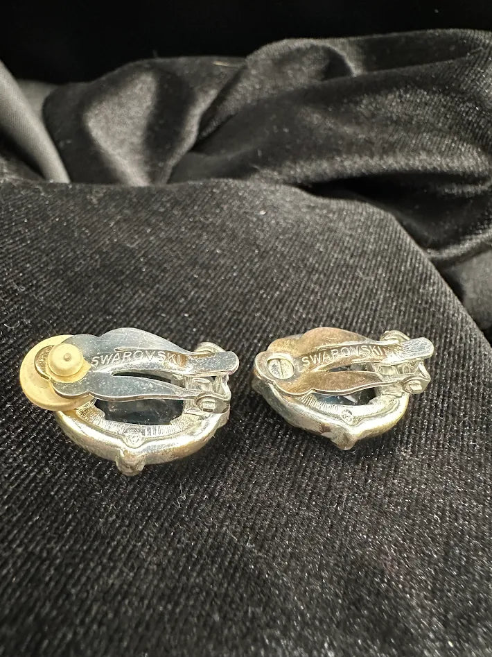 Swarovski Silver Tone Blue Crystal Oval Clip On Earrings Halo Design Statement Vintage Style Sparkling Rhinestone Earrings