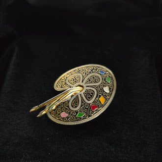 Spain Cloisonne Painters Palette Brooch Gold Tone Enamel Paint Dabs