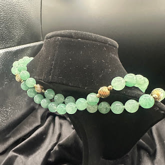 Green Aventurine Style Double Strand Bead Necklace with Gold Tone Accents