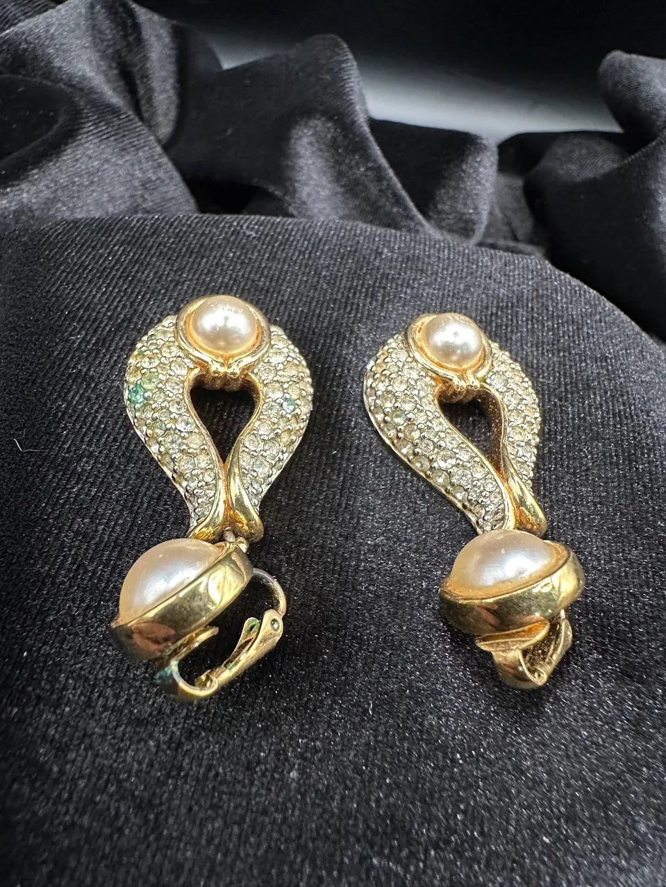 Swarovski SAL Gold Tone Faux Pearl Crystal Clip On Earrings Vintage Pave Statement Signed