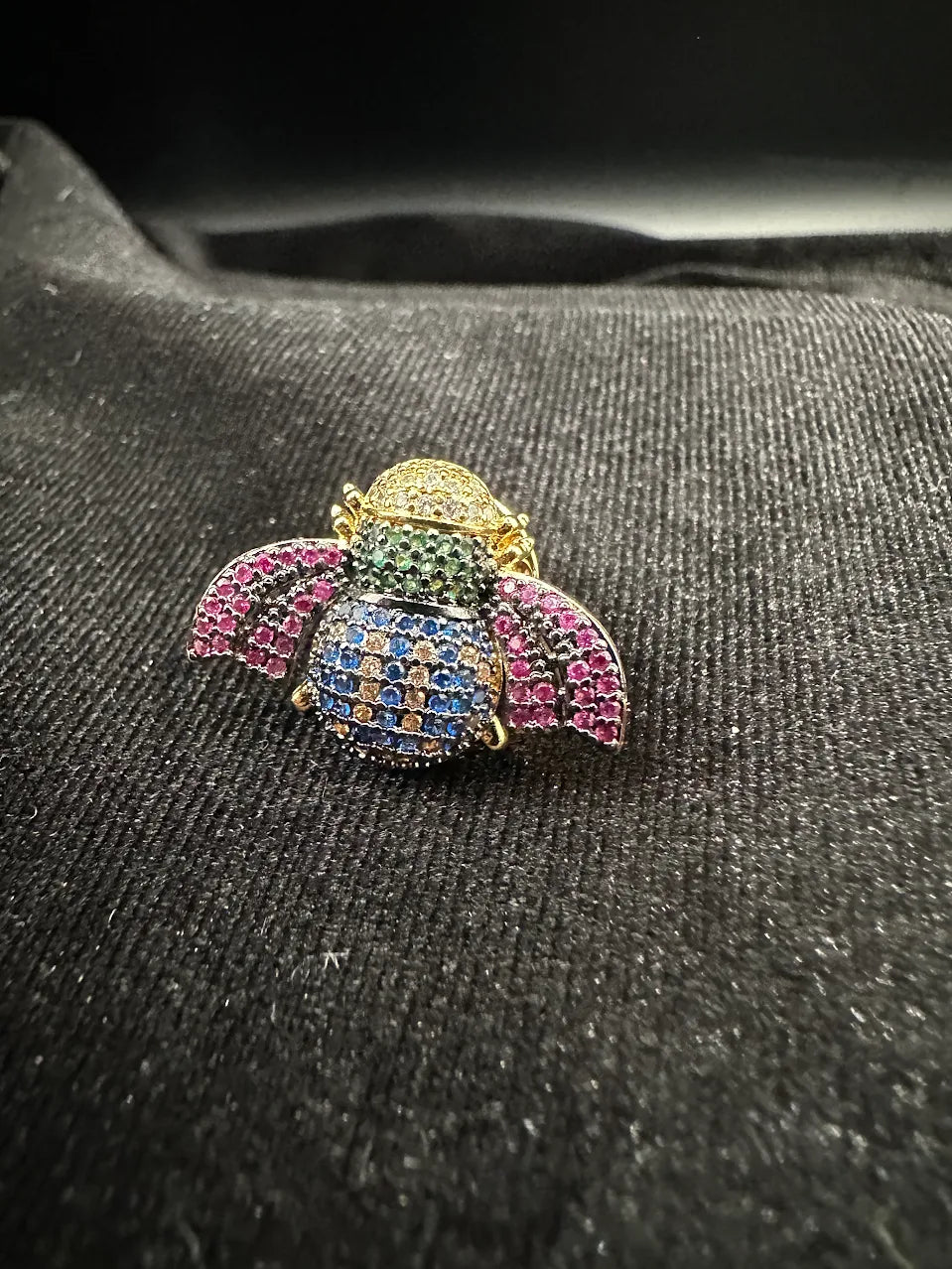 Gold Tone Multicolor Crystal Bee Brooch with Pink and Blue Rhinestones