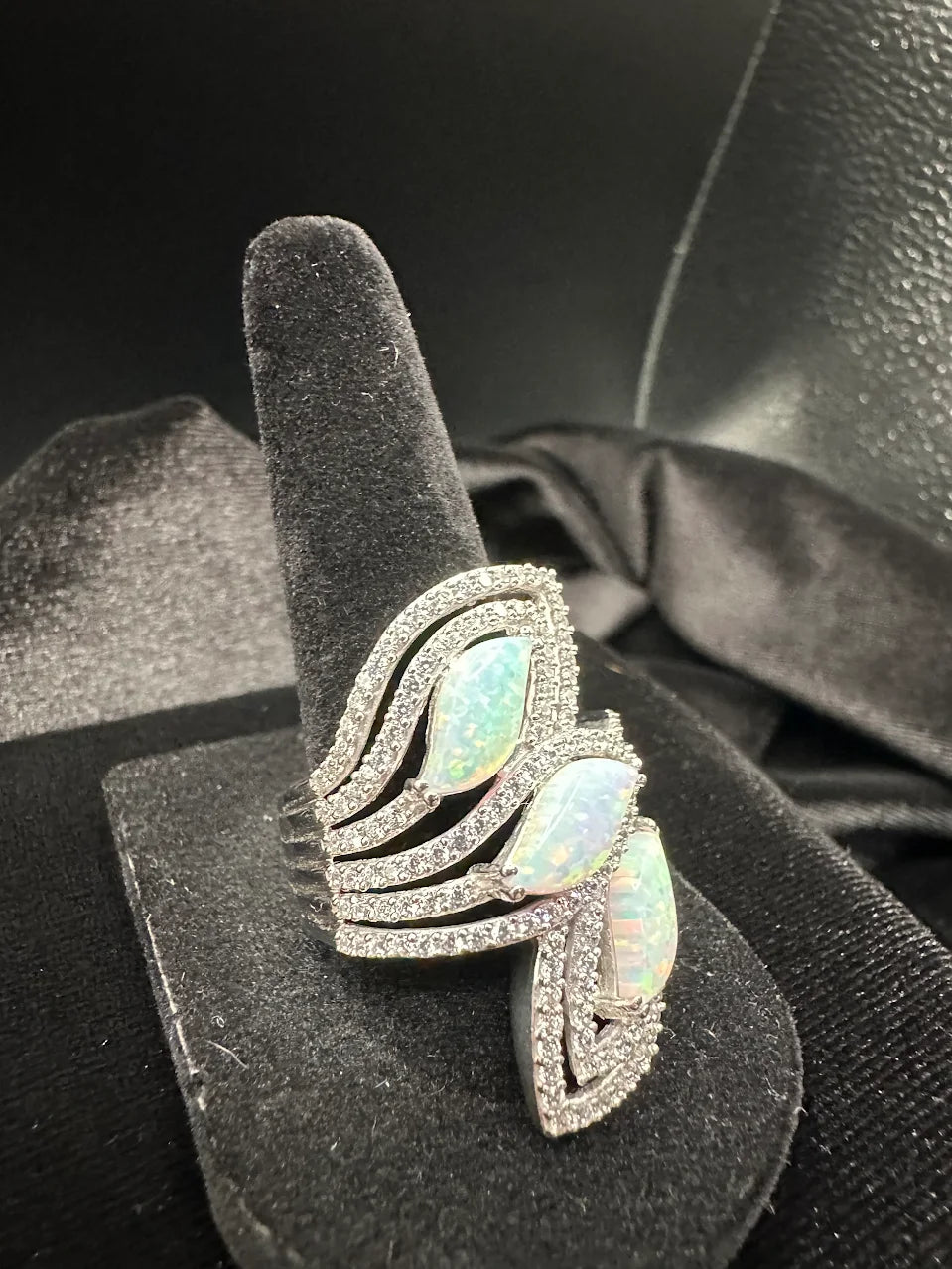 Silver Tone Opal Marquise Wrap Ring Statement Cocktail Design