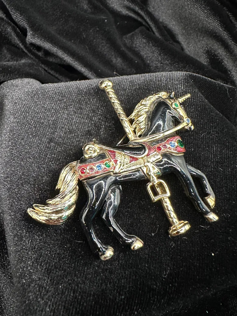 Vintage Enamel Carousel Horse Brooch Black Gold Tone Rhinestone Saddle Equestrian Pin