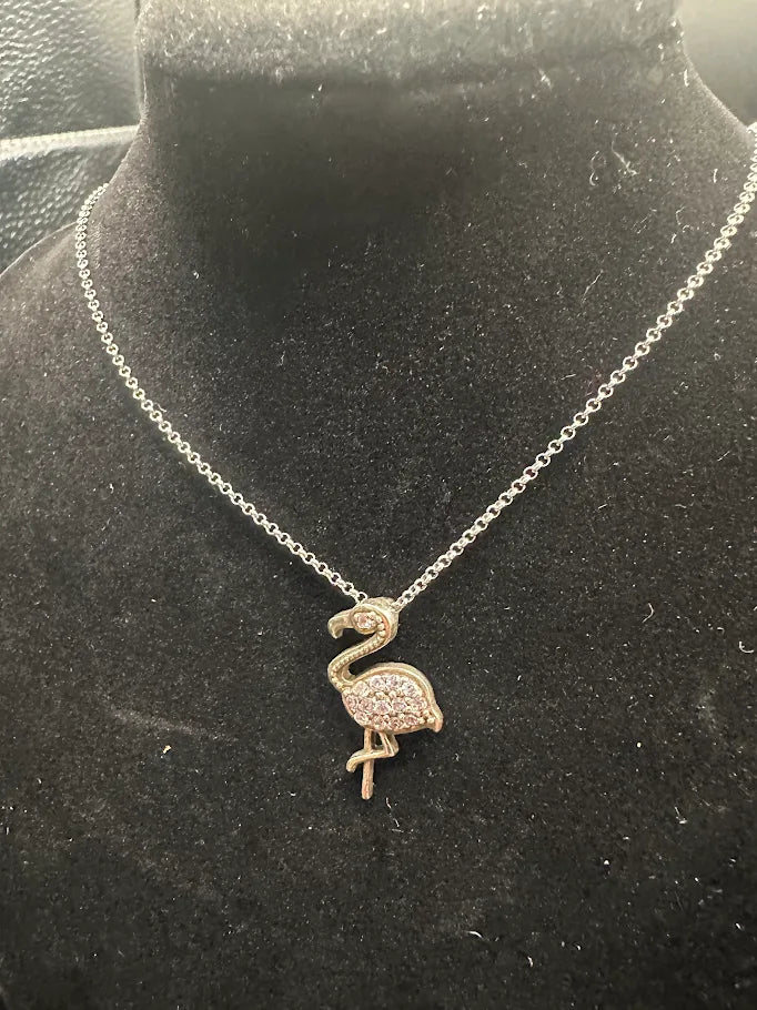 Sterling Silver 925 Pink Flamingo Pendant Necklace