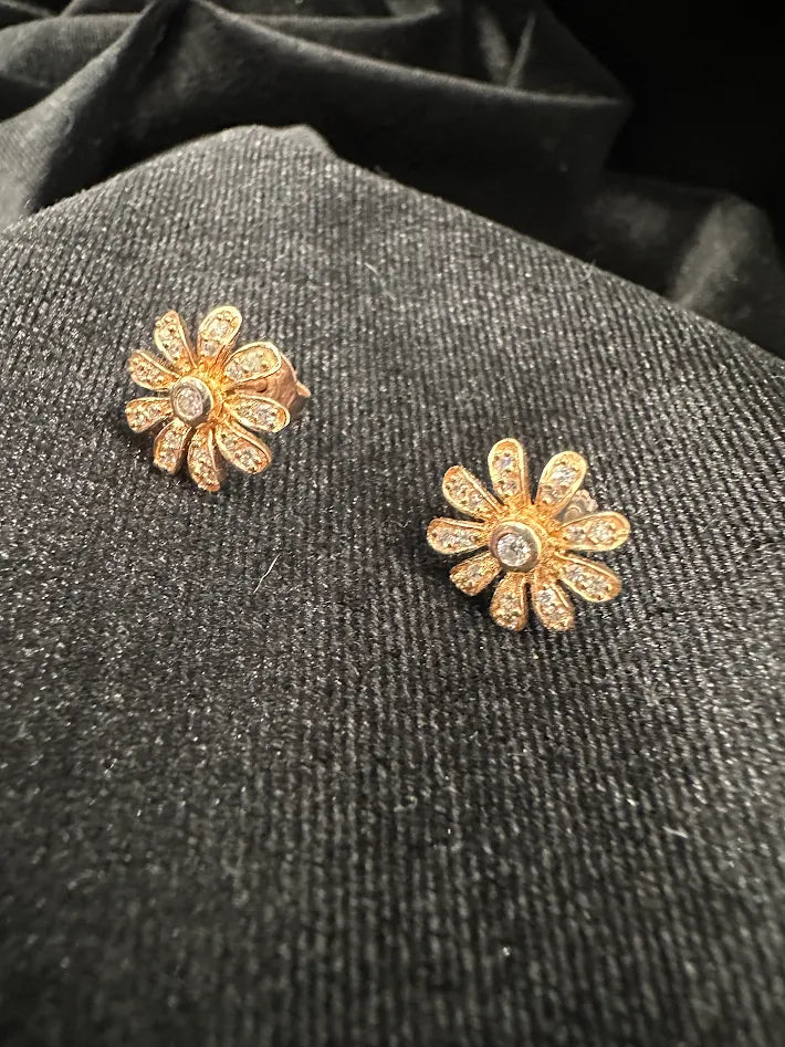 Gold Tone Crystal Flower Stud Earrings Warm Gold Floral Rhinestone Daisy Petite Sparkle