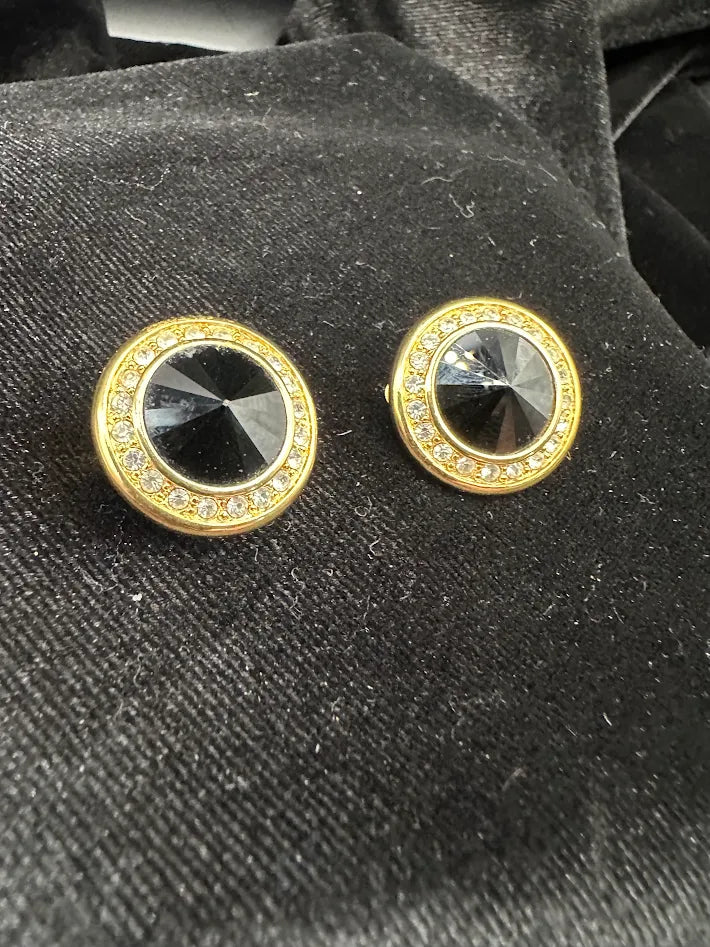 Swarovski Black Crystal Clip Earrings Gold Tone Rhinestone Halo Dome Vintage Statement