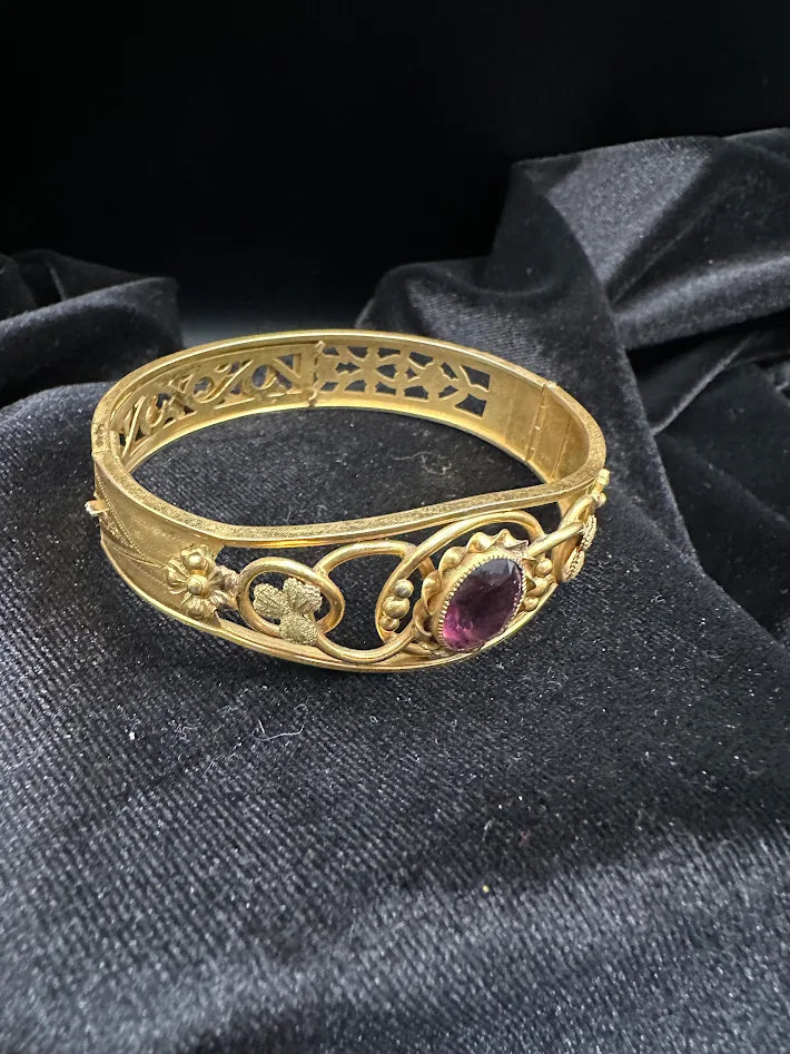 (SOLD) Vintage Victorian Revival Gold Tone Amethyst Glass Bangle Bracelet Openwork Filigree
