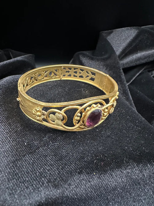 (SOLD) Vintage Victorian Revival Gold Tone Amethyst Glass Bangle Bracelet Openwork Filigree