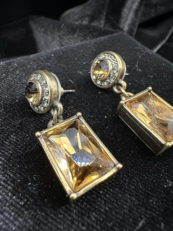 Heidi Daus Crystal Drop Earrings Gold Tone Rectangular Dangle Statement Designer Rhinestone