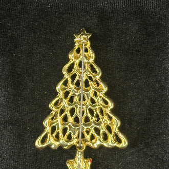 Gold Tone Christmas Tree Brooch with Multicolor Rhinestones and Star