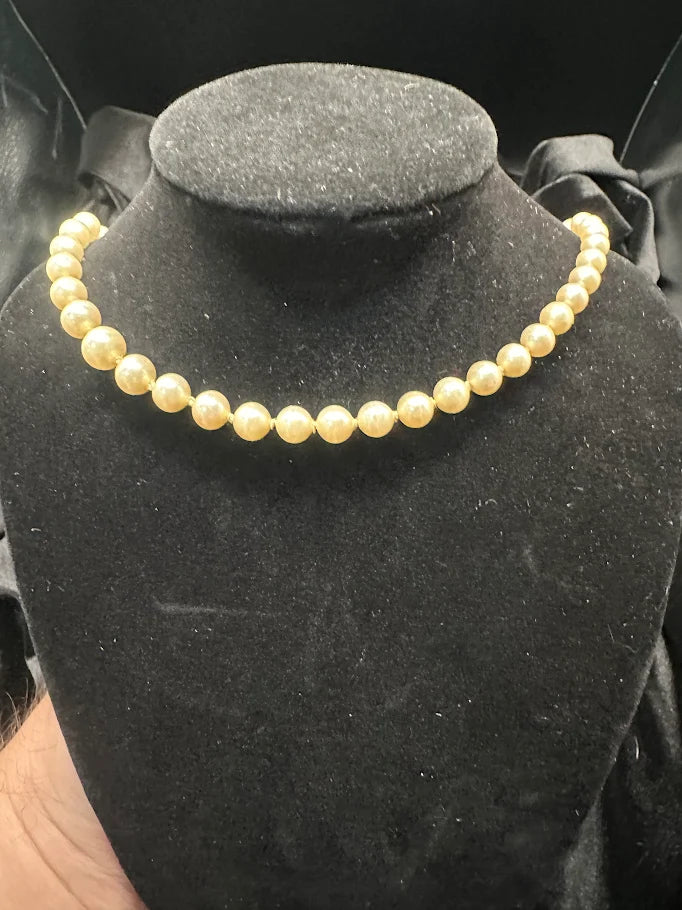 Gold Tone Cream Pearl Style Necklace with Crystal Accent Clasp