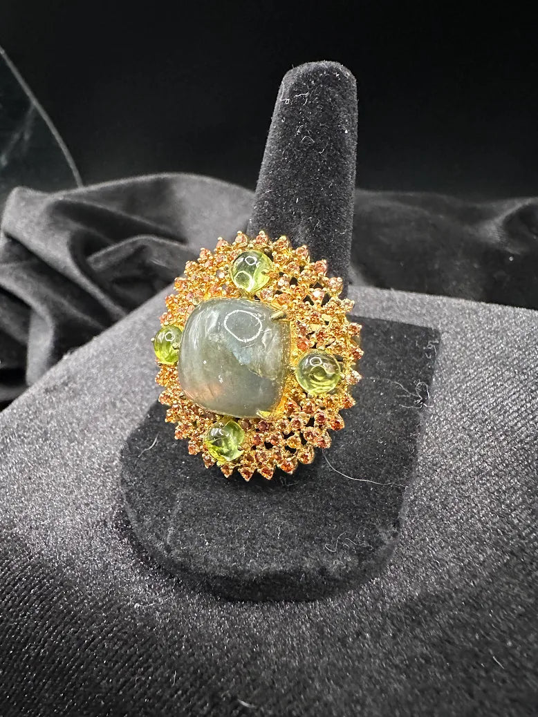 Vintage Gold Tone Cluster Ring Gray Cabochon Green Accent Stones MCM Statement Cocktail Ring