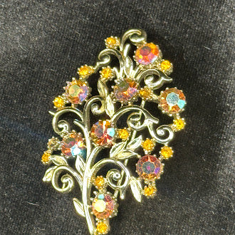Gold Tone Aurora Borealis Rhinestone Floral Spray Brooch Filigree Scroll Pin Multicolor Crystals