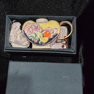 Kelvin Chen Enamel on Copper Miniature Teapot Hand Painted Fruit Basket Design Numbered 1998 with Box Certificate