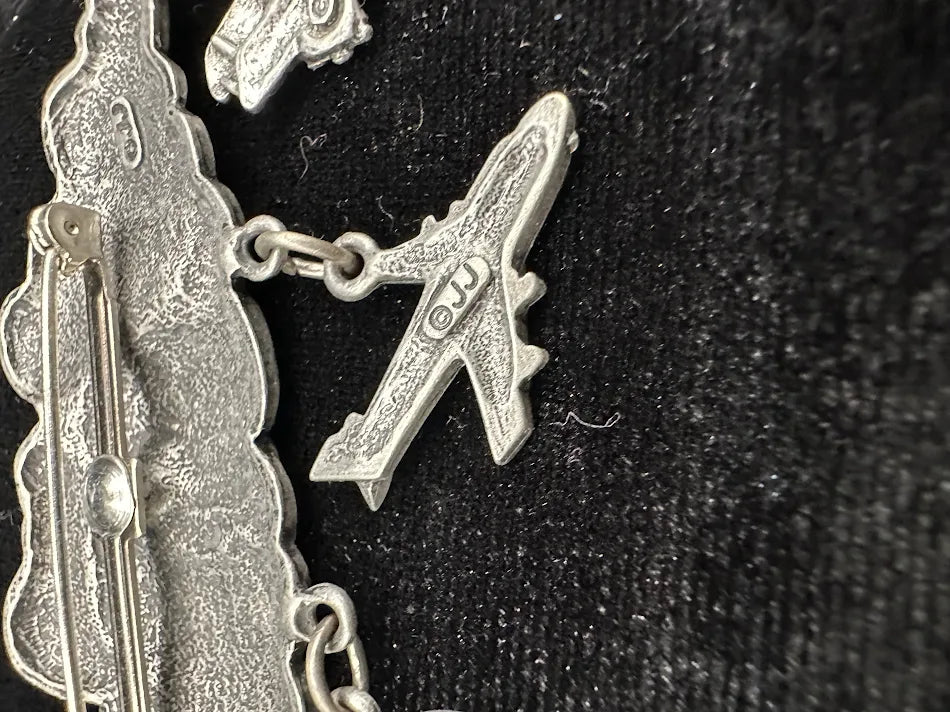 JJ Signed Airplane Brooch Cloud Dangle Pin Jonette Jewelry Hot Air Balloon Helicopter Whimsical