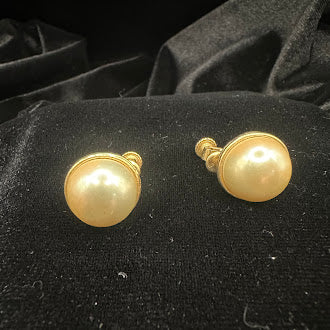 Gold Tone Faux Pearl Screw Back Earrings Classic Round Domed Button Vintage Elegant Jewelry