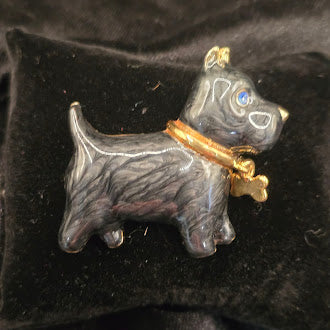 Signed AJC Black Enamel Scottie Dog Brooch with Blue Crystal Eye and Rhinestone Bone Collar, Gold Tone Vintage {Pin