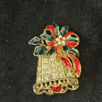Christmas Bell Brooch with Red and Green Enamel Bow