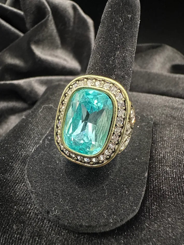 Heidi Daus Aqua Crystal Cocktail Ring Gold Tone Statement Ring Halo Designer Jewelry