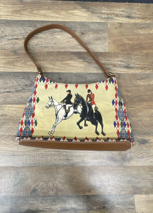 Vintage Bueno 90s Equestrian Fox Hunt Shoulder Bag Argyle Horse Rider Novelty Purse
