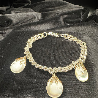 Vintage Germany Gold Tone Faux Pearl Drop Charm Bracelet Designer Statement Jewelry