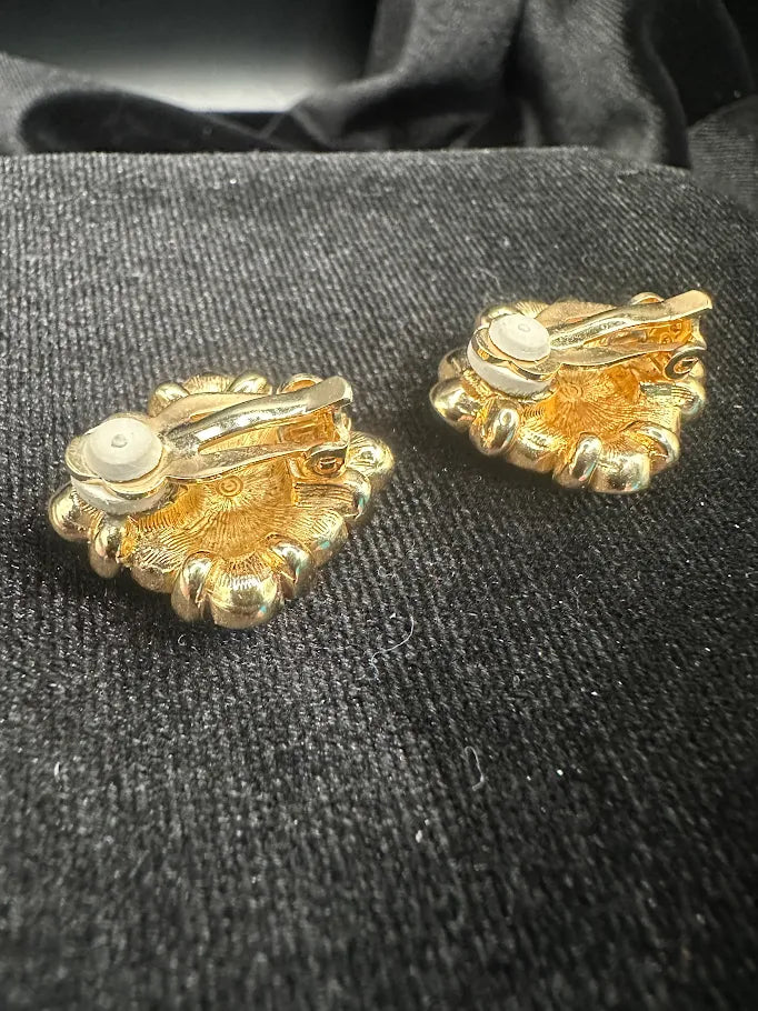 Swarovski Gold Tone Crystal Basketweave Clip Earrings | Signed Designer Statement Earrings