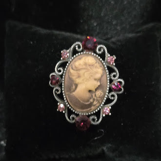 Vintage Victorian Revival Cameo Brooch with Pink & Purple Rhinestone Scroll Frame | Oval Portrait Pin