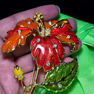 Vintage Barrera for Avon Hibiscus Brooch Large Enamel Flower Pin Gold Tone Rhinestone Statement Brooch