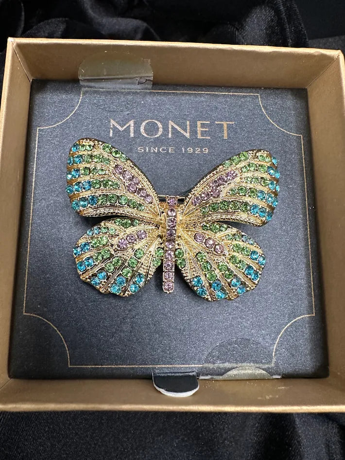 Monet Multicolor Crystal Butterfly Brooch Gold Tone Statement Pin With Original Box