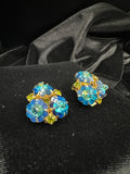 Gold Tone Blue Aurora Borealis Crystal Cluster Clip Earrings Floral Rhinestone Vintage Statement Jewelry