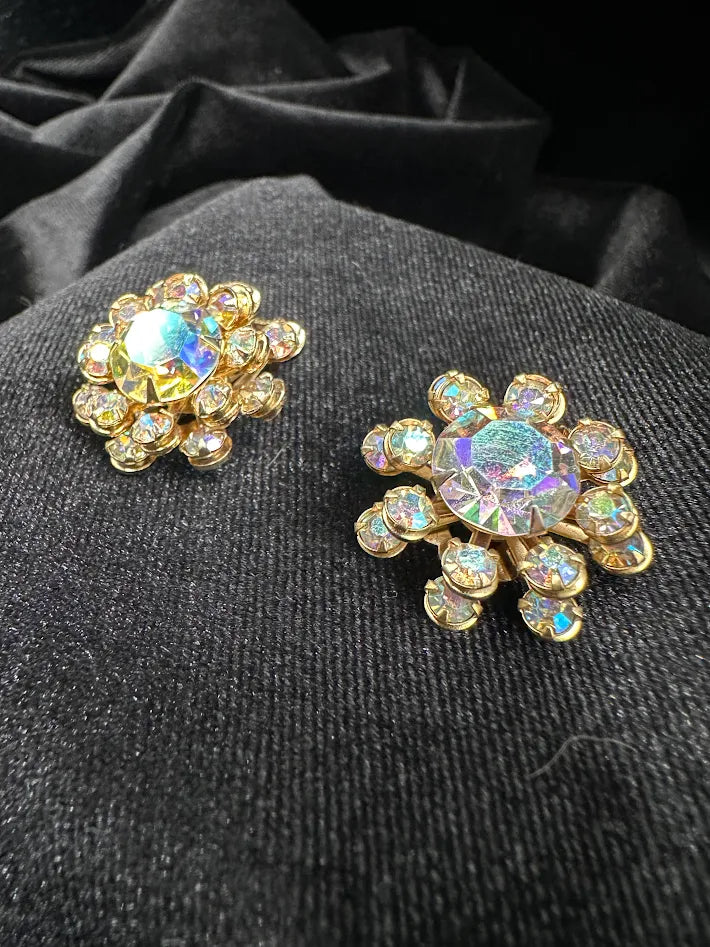 Gold Tone Aurora Borealis Crystal Cluster Screw Back Earrings Round Rhinestone Floral Vintage Jewelry