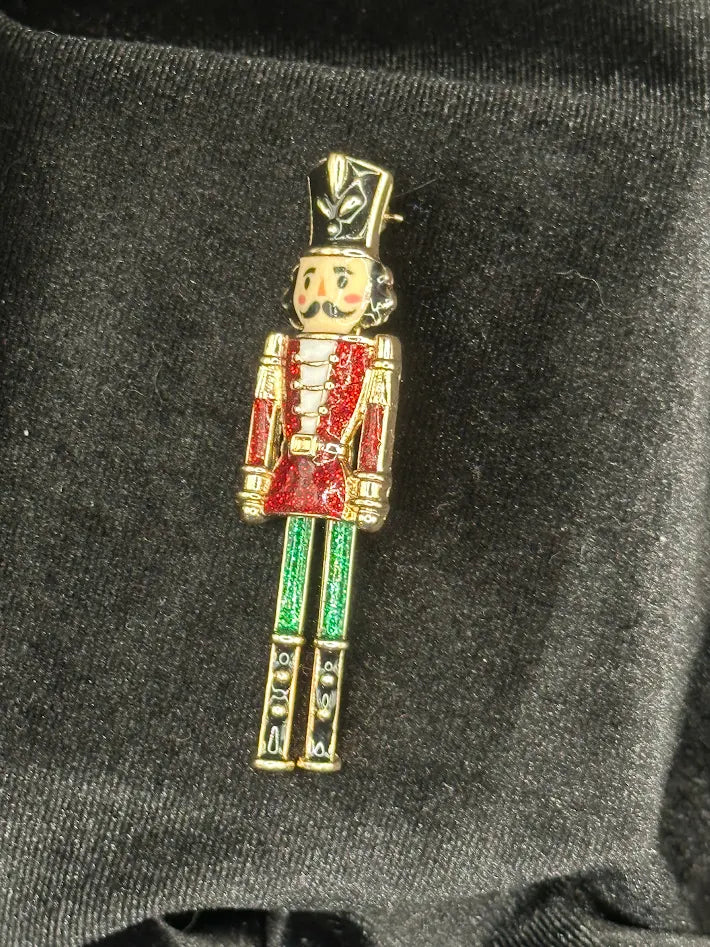 Vintage Articulated Nutcracker Brooch Enamel Christmas Soldier Pin