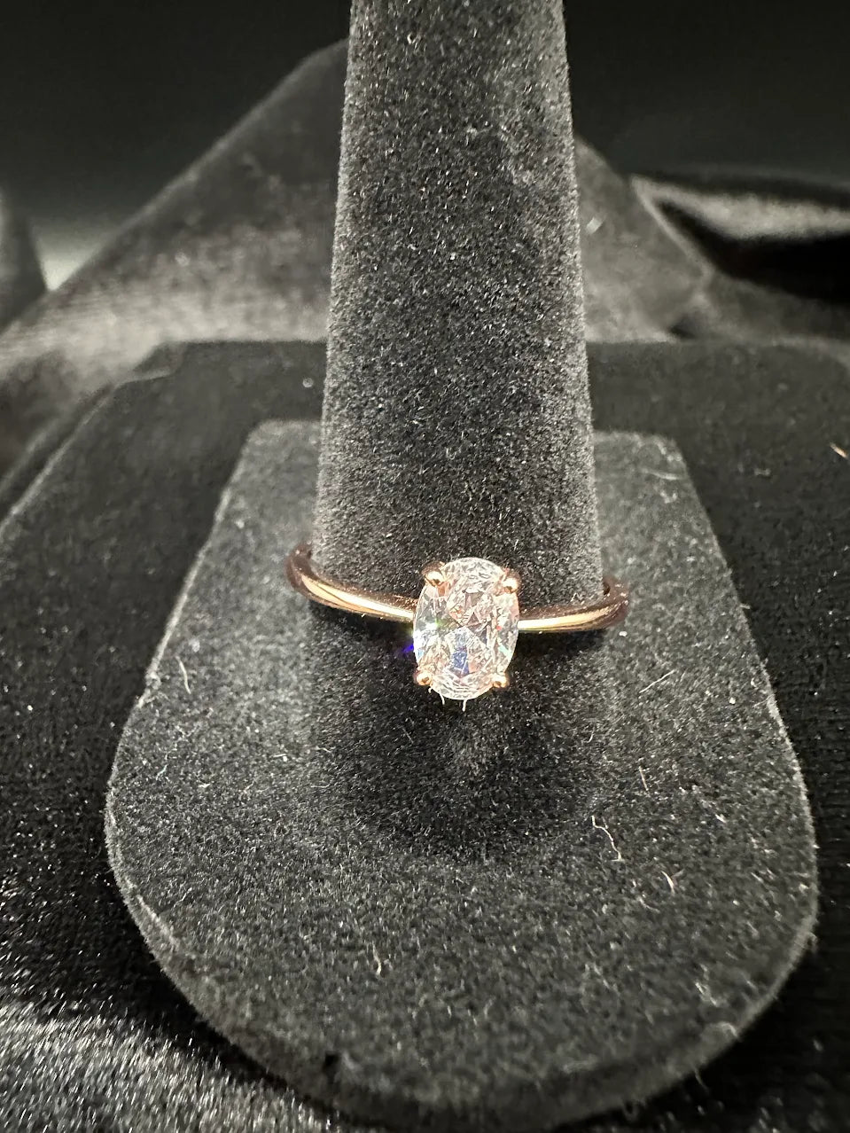Rose Gold Tone Clear Crystal Solitaire Ring Oval Bridal Inspired Design