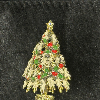 Gold Tone Christmas Tree Brooch with Red and Green Rhinestones
