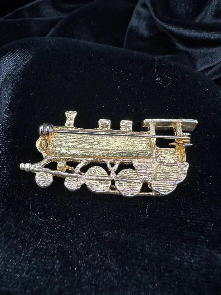 Vintage Steam Locomotive Brooch Gold Tone Train Engine Pin Railroad Enthusiast Jewelry